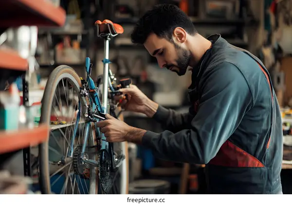 Man Fixing a Bicycle in a Workshop