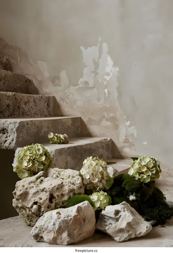 Green Hydrangea Flowers on Stone Steps