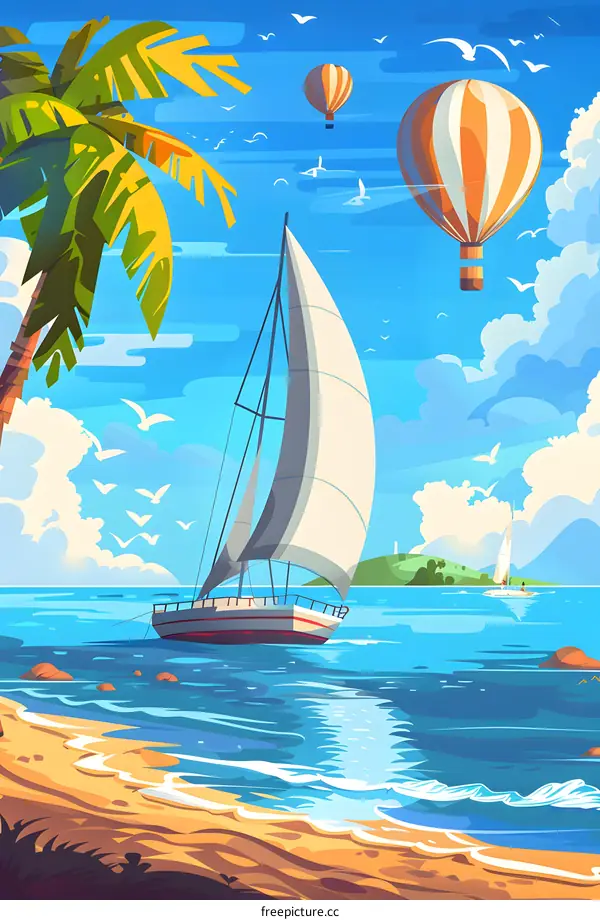 Summer Sailboat Scene with Hot Air Balloons and Palm Trees
