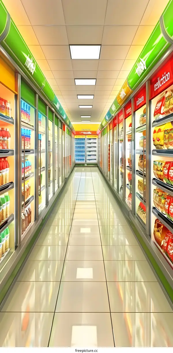 Empty Supermart Aisle with Shelves and Fluorescent Lights