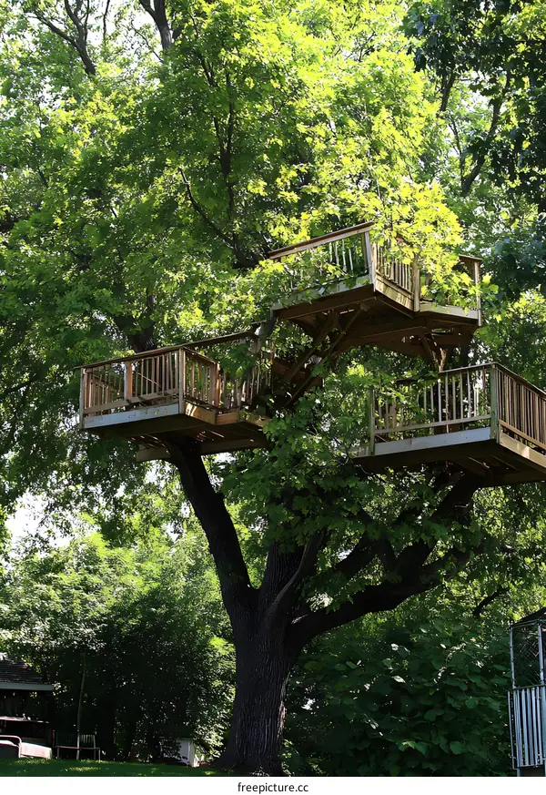 Treehouse with multiple levels and wooden platforms built high in the trees