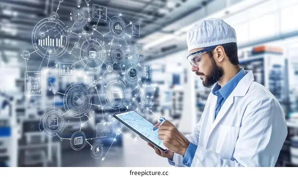 Industrial worker using tablet with data visualization