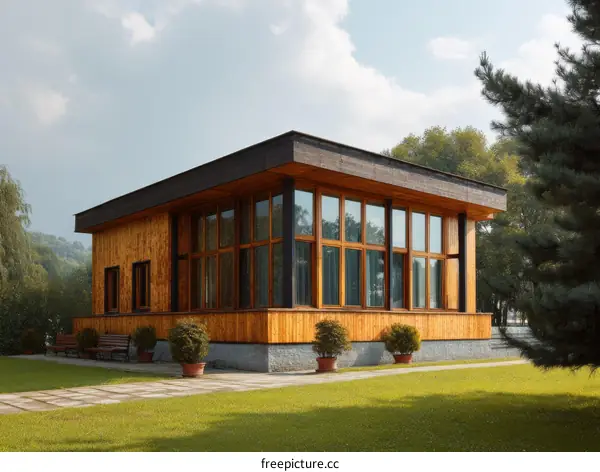 Modern Wooden House with Large Windows in a Green Setting