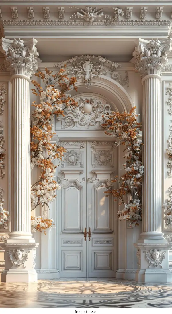 Elegant Antique Palace Entranceway Decorated with Flowers