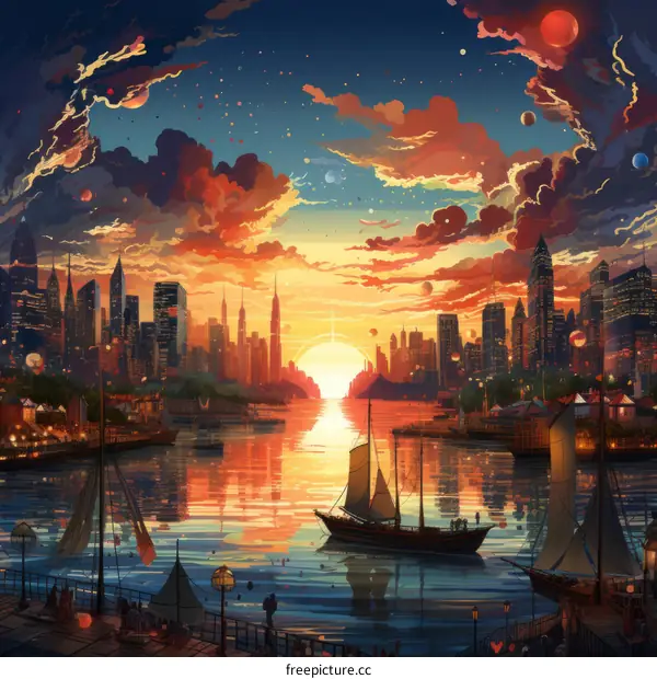 Harbor Sunset Overlooking a City Skyline
