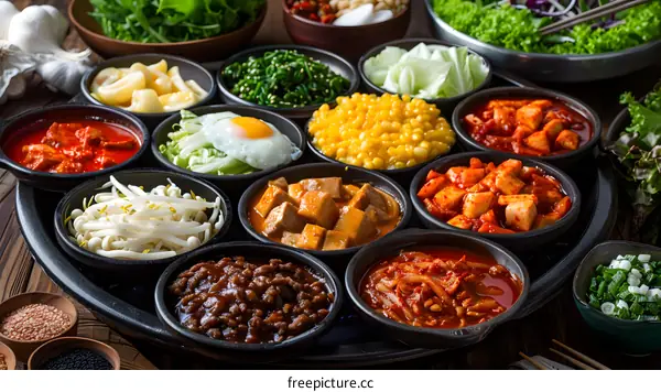 Korean Food  Assortment Of Small Bowls With Various Dishes