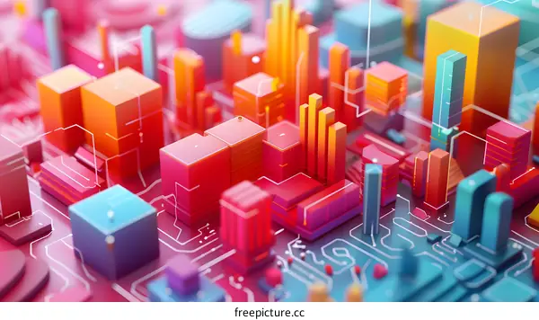 A circuit board with colorful 3D buildings.