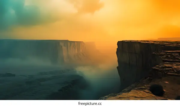 Stunning Landscape of a Canyon with Fog and Sunset