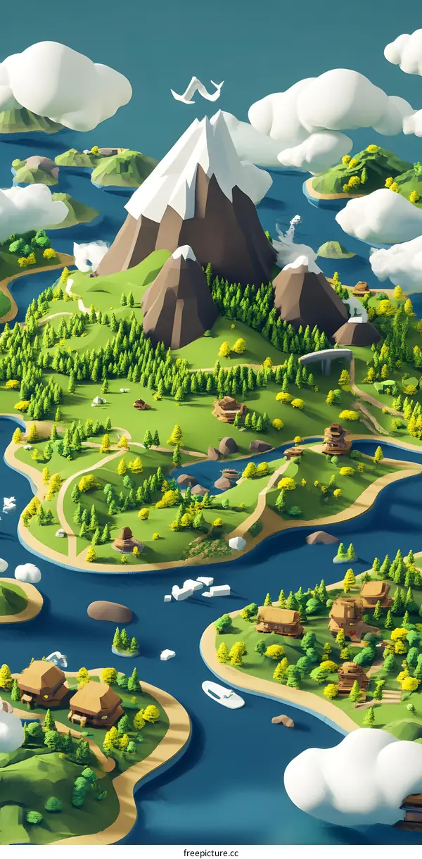 Low Poly Illustration Of A Fantasy Island With Mountains And Clouds