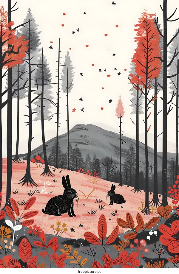 Black Rabbit in Autumn Forest Illustration