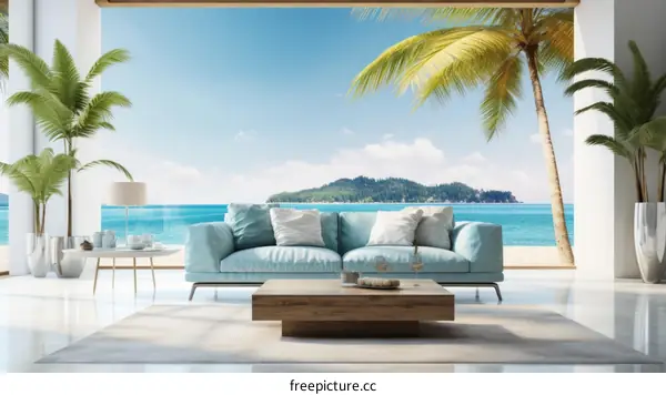 Modern beach house interior with blue sofa and ocean view