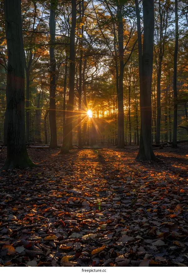 The sun shines through the trees in the forest