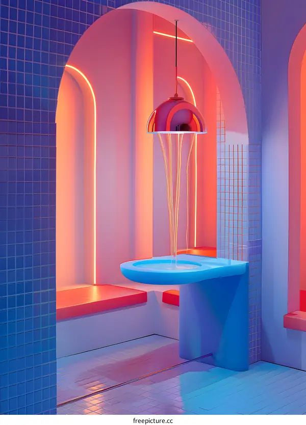 Neon Lights and Water Fountain in an Abstract Room