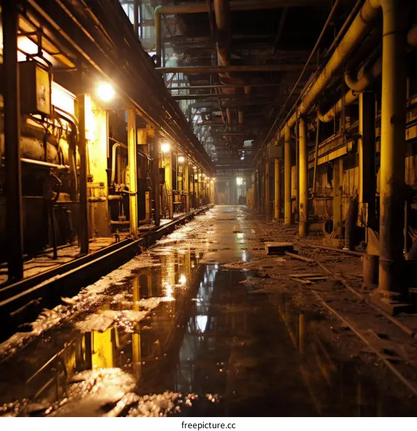 A dark and eerie factory building with yellow lights reflecting off the wet floor