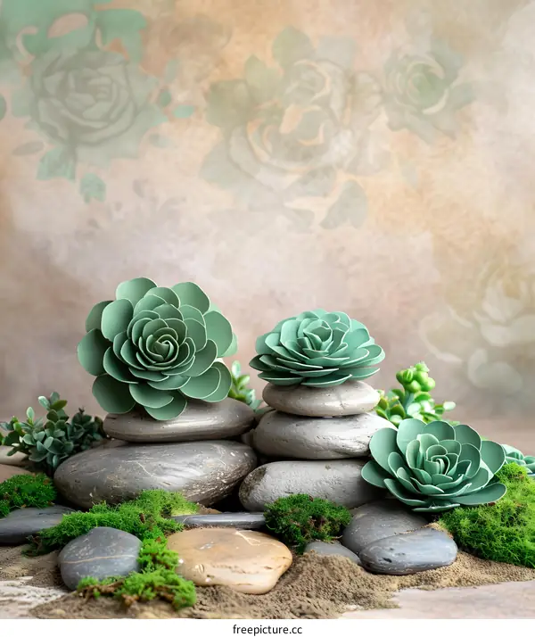 Green Succulents on Stacked Rocks with Moss