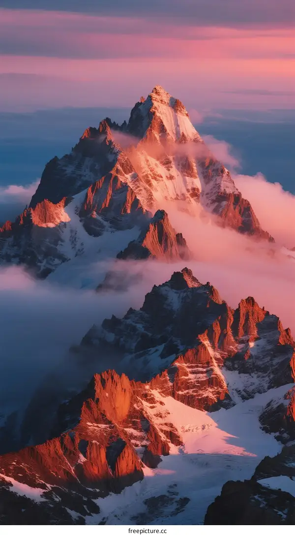 Dramatic Mountain Peaks Lit by Dawn Sun with Flowing Clouds