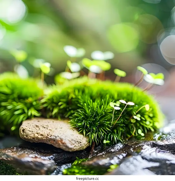 Green Moss and Small Plants Growing on Rock