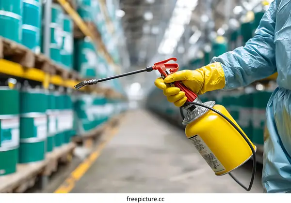 Industrial Worker Disinfecting Warehouse