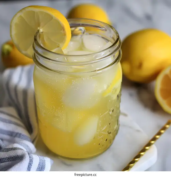 Glass of Lemonade with Ice and Lemon Slice on a Marble Surface