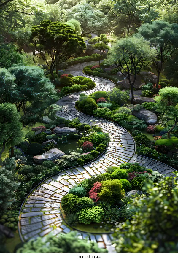 winding stone path through a lush green garden