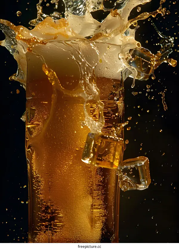Glass of Beer with Ice Cubes Splashing