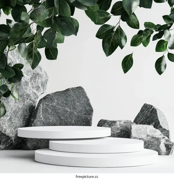 Elegant Minimalist Display Platform with Rocks and Leaves