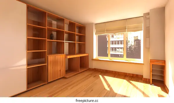 Modern Interior Design with Wooden Bookshelves and Window View