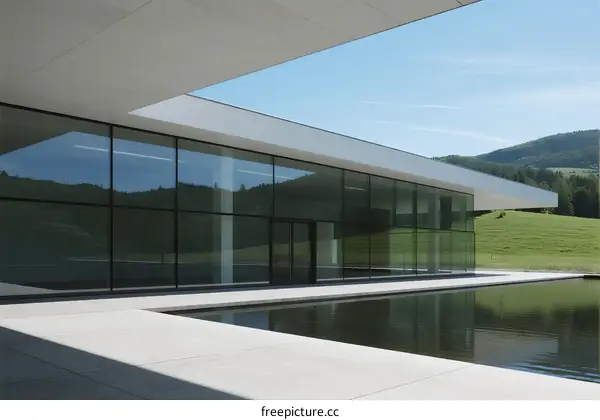 Modern Architectural Design with Glass Facade and Reflective Pool