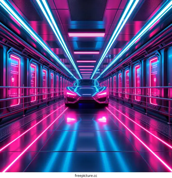 futuristic car in a neon tunnel