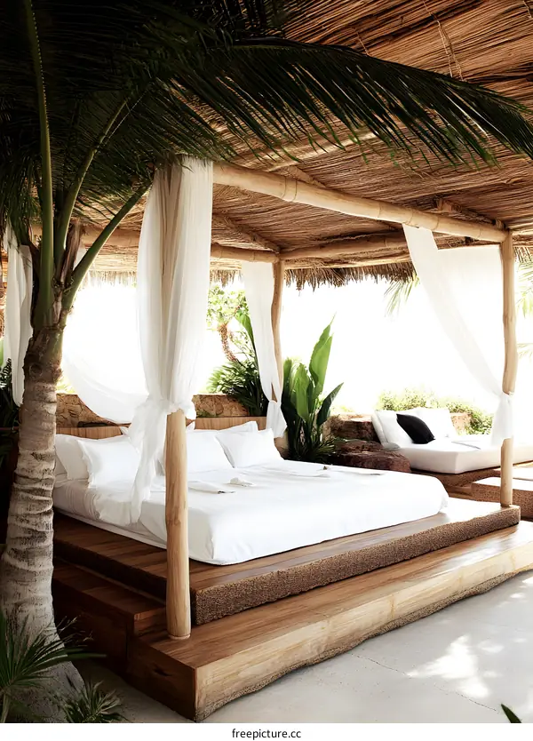 Tropical Beach Resort Canopy Bed with White Curtains