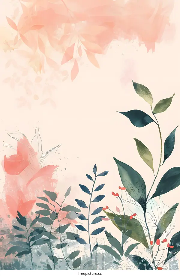 Watercolor Painting of Green and Pink Floral Leaves