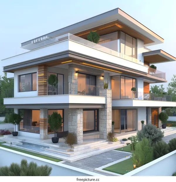 Modern Three-Story Villa with Floor-to-Ceiling Windows and Spacious Terrace