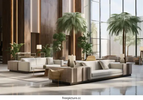 Modern hotel lobby interior with white sofas and green plants