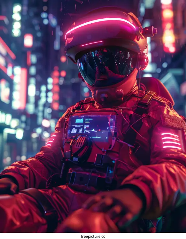 Astronaut in Futuristic City at Night