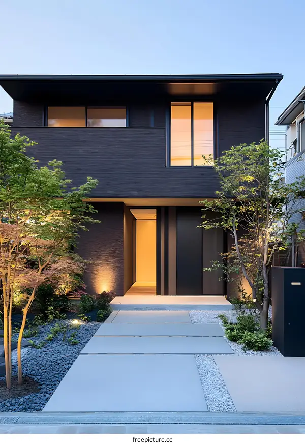 Modern House with Black Exterior and Stone Pathway