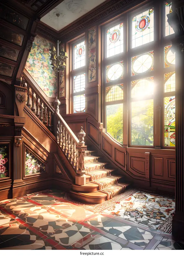 ornate wooden staircase in a historic mansion