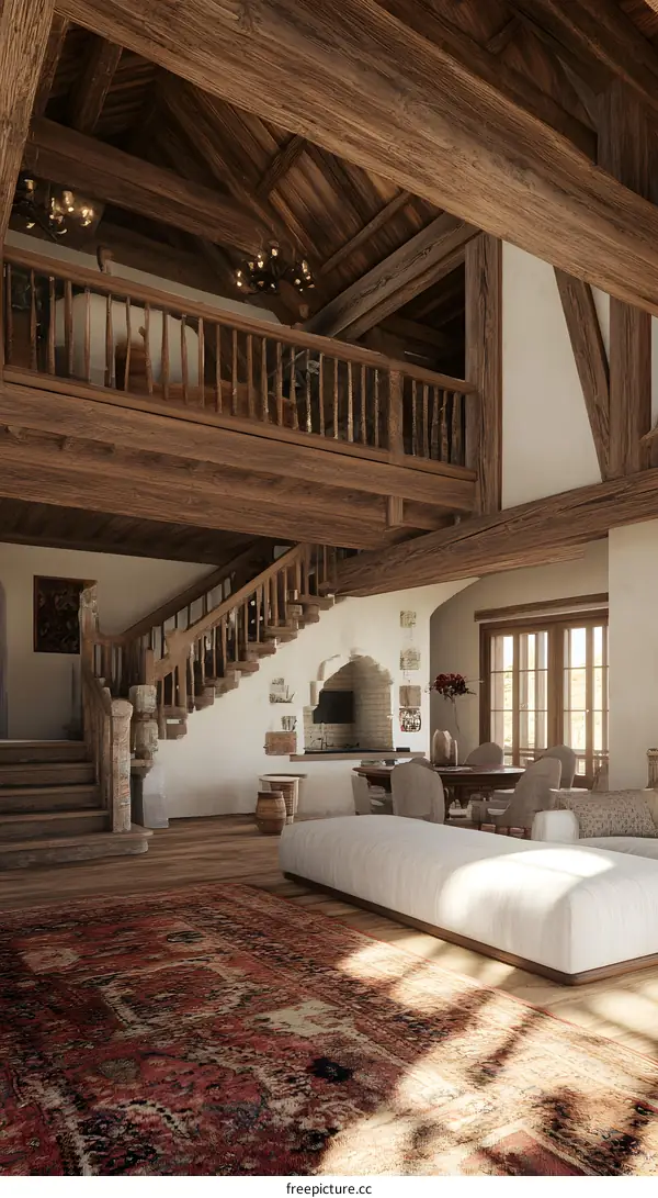 Rustic Wooden Interior Design With Staircase And Red Carpet