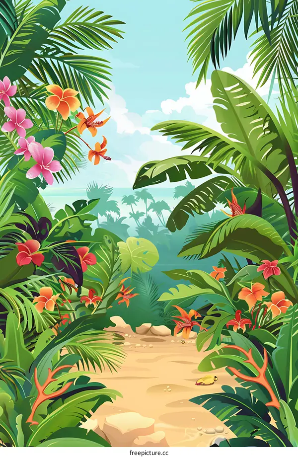 Tropical Rainforest Pathway with Lush Greenery and Flowers