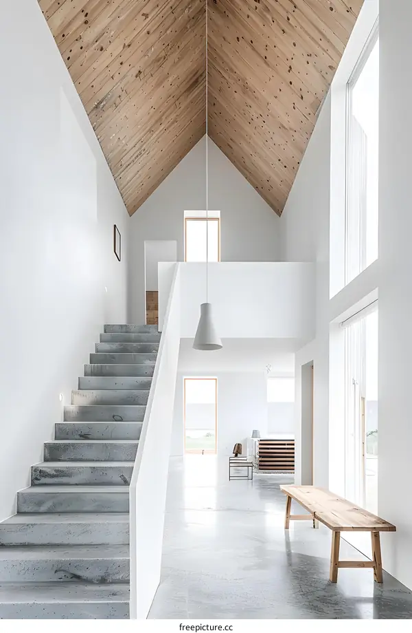 Modern Home Interior Design with Concrete Stairs and Wooden Ceiling