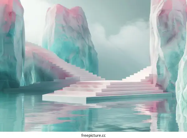 Empty White Staircase Platform Stage Podium with Turquoise Cliffs in Water 3D Illustration
