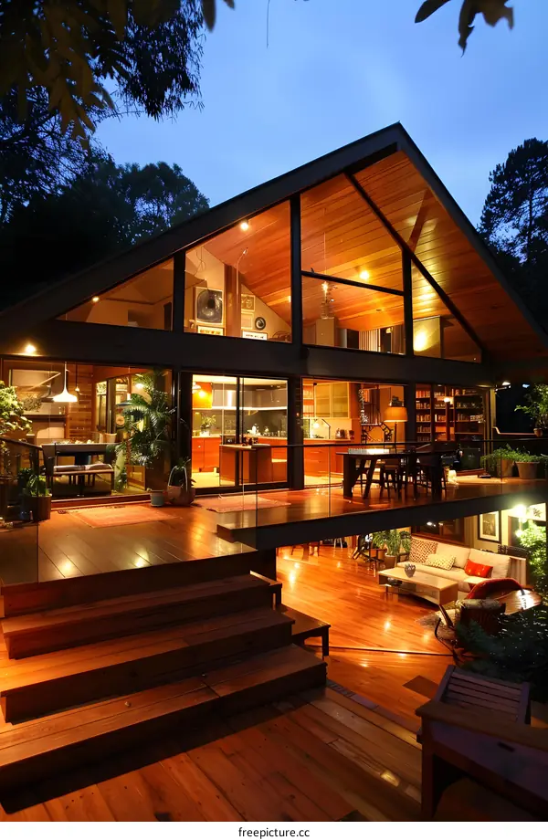 Modern Wooden House with Large Windows and Outdoor Deck