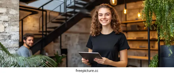 Smiling Woman Holding Tablet in Modern Office
