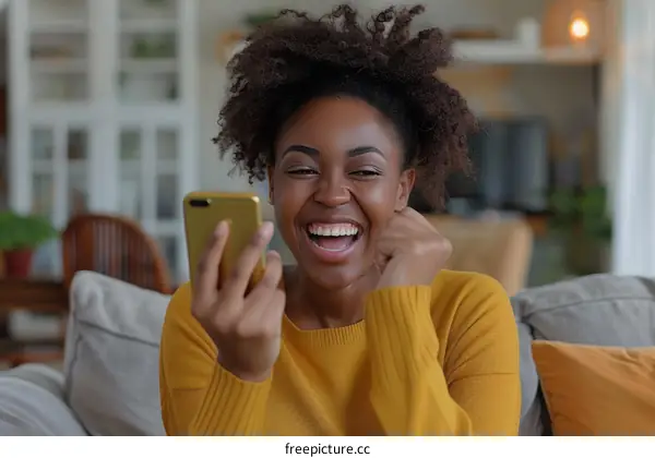 Laughing African American woman holding her phone