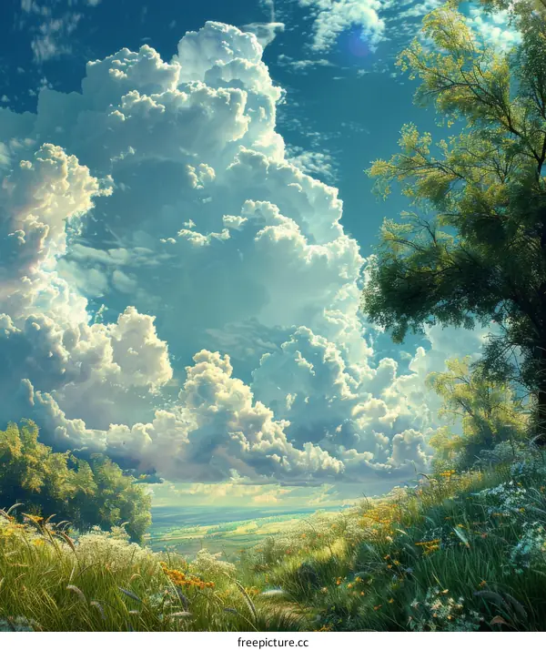 Beautiful Sky with Fluffy Clouds and Lush Landscape