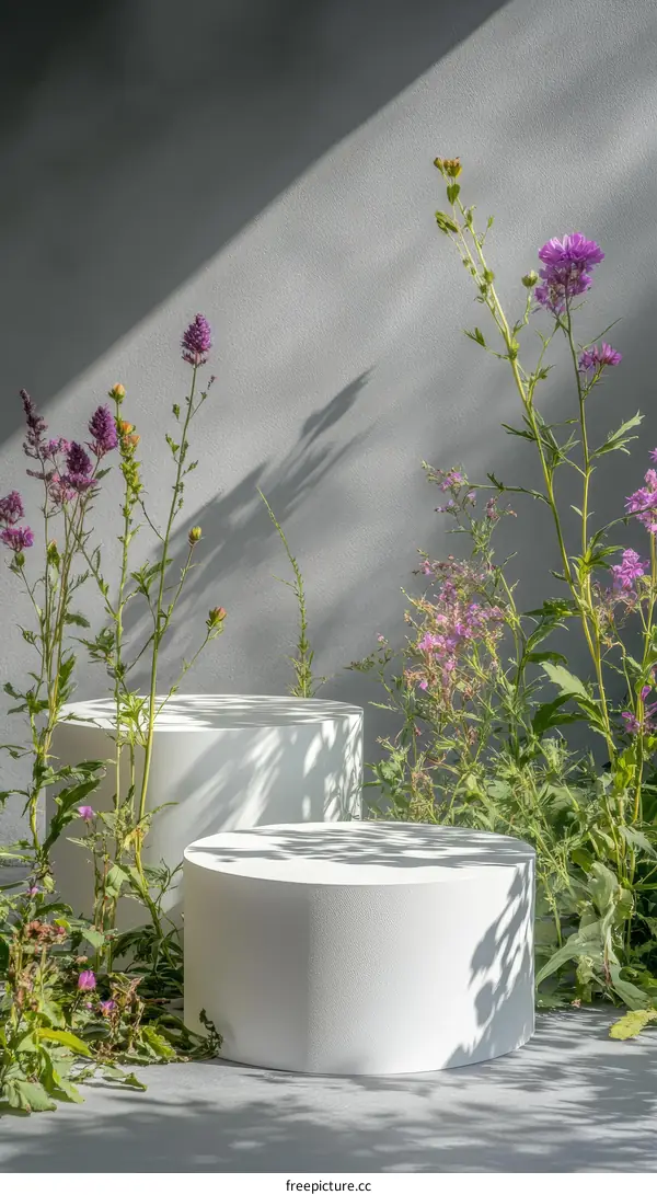 White Cylindrical Display Stands Surrounded by Flowers
