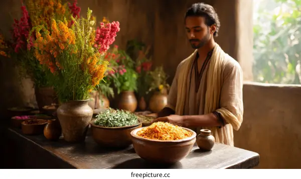 Herbalist Preparing Remedies in Ancient Setting