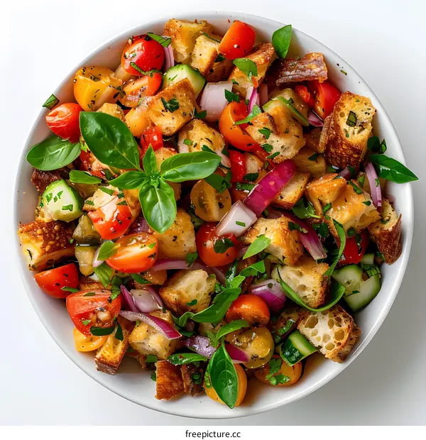 top view of a bowl of panzanella salad with tomatoes, cucumbers, red onion, basil, and bread