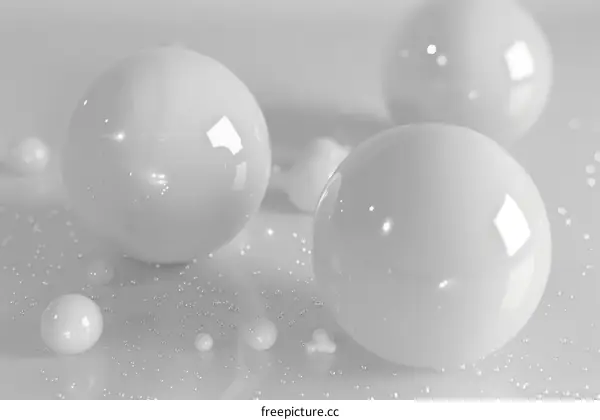 Glossy white and grey spheres on a reflective surface
