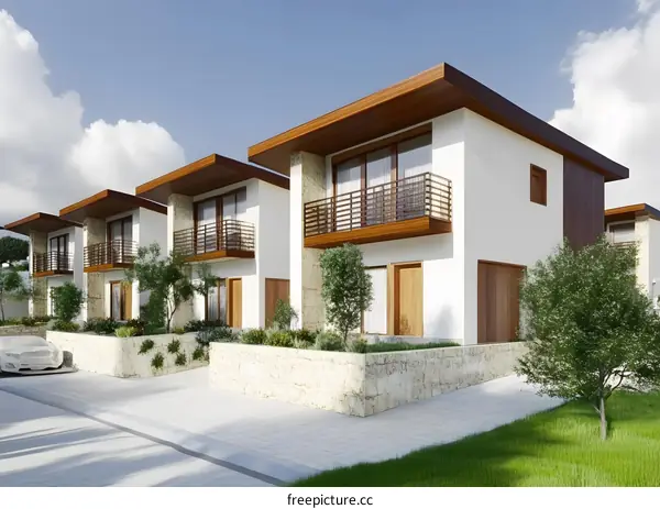 Modern White Houses With Balconies And Stone Walls