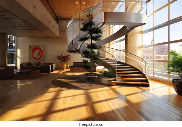 Modern Interior Design with Spiral Staircase and Sun Rays